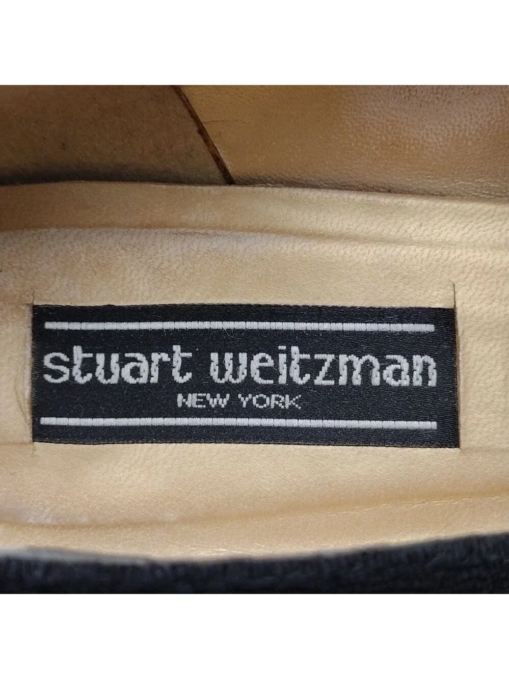 Stuart Weitzman Black Fabric Upper Almond Toe Low Heel Tassel Loafer Shoe